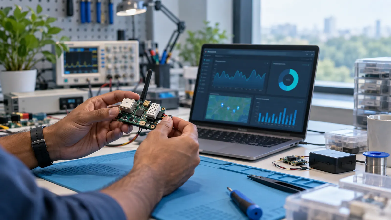 Hands holding an IoT prototype circuit board beside a laptop showing a device telemetry dashboard.