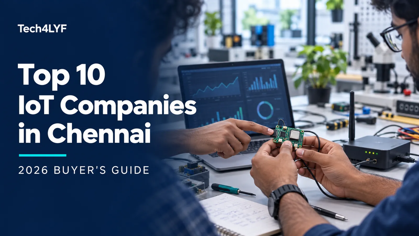 Tech4LYF 2026 guide to top 10 IoT companies in Chennai, with engineers examining a sensor board beside a telemetry dashboard.