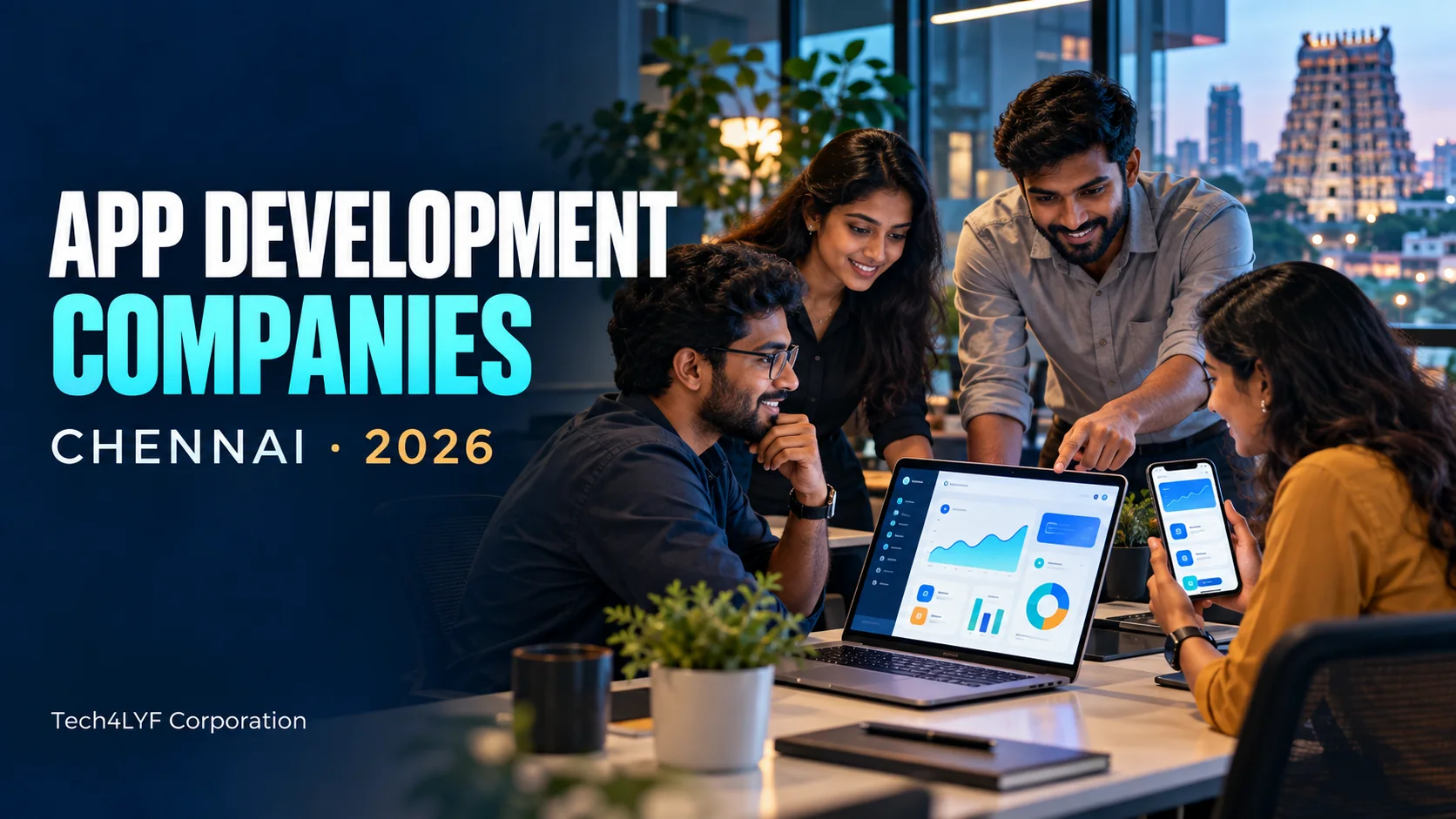 Chennai app development team reviewing connected web and mobile app designs for Tech4LYF Corporation’s 2026 comparison guide.