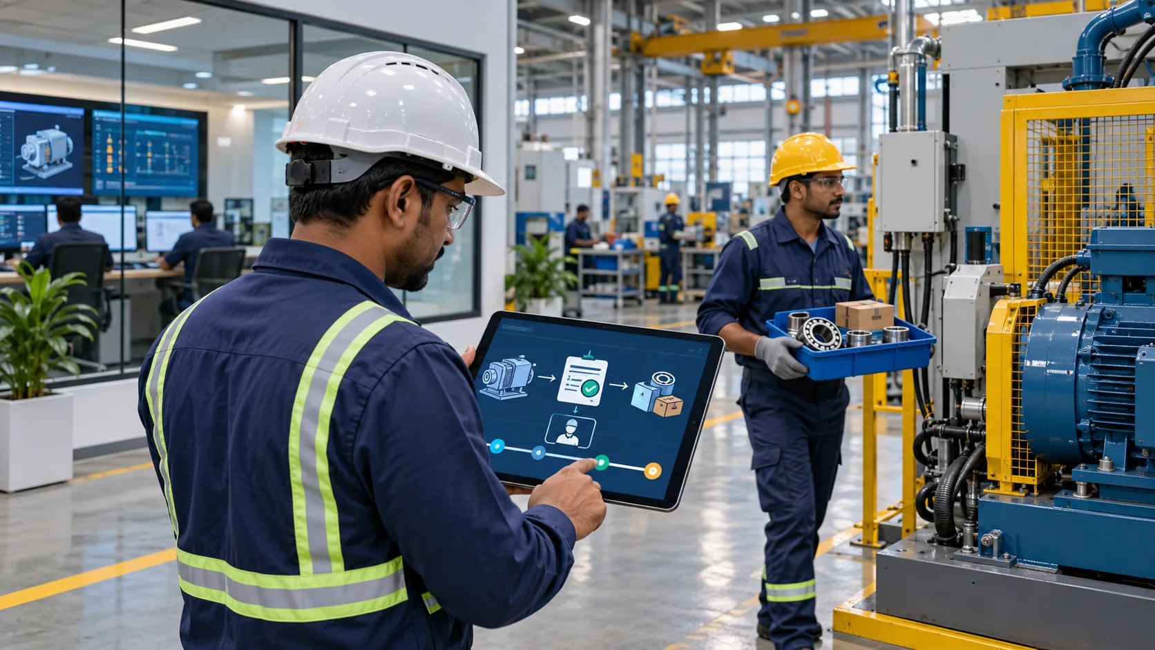 Factory maintenance supervisor reviews a digital work order while a technician brings spare parts to a machine.