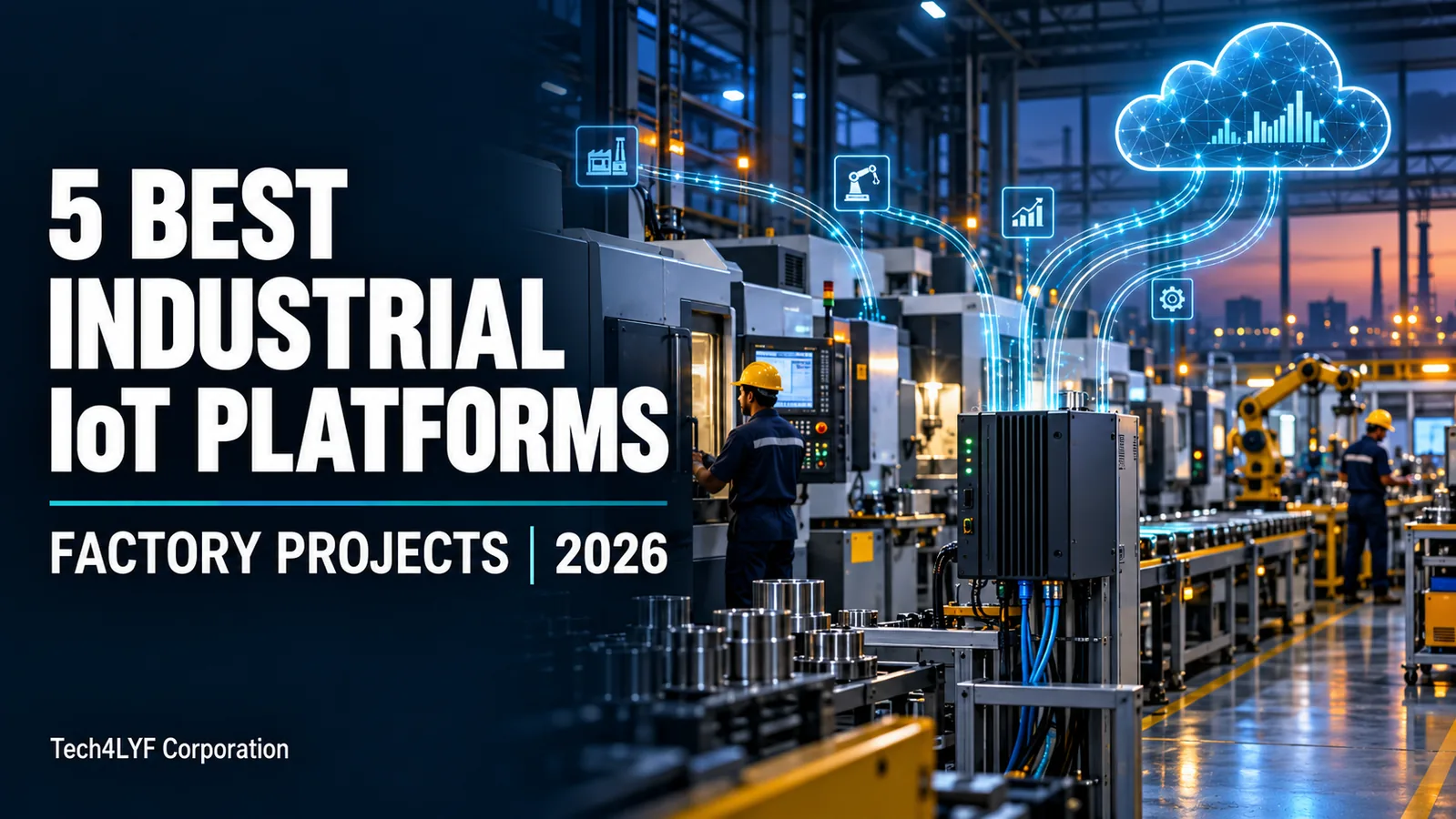 Industrial IoT gateway connecting factory machines to cloud analytics for a 2026 platform comparison — Tech4LYF Corporation