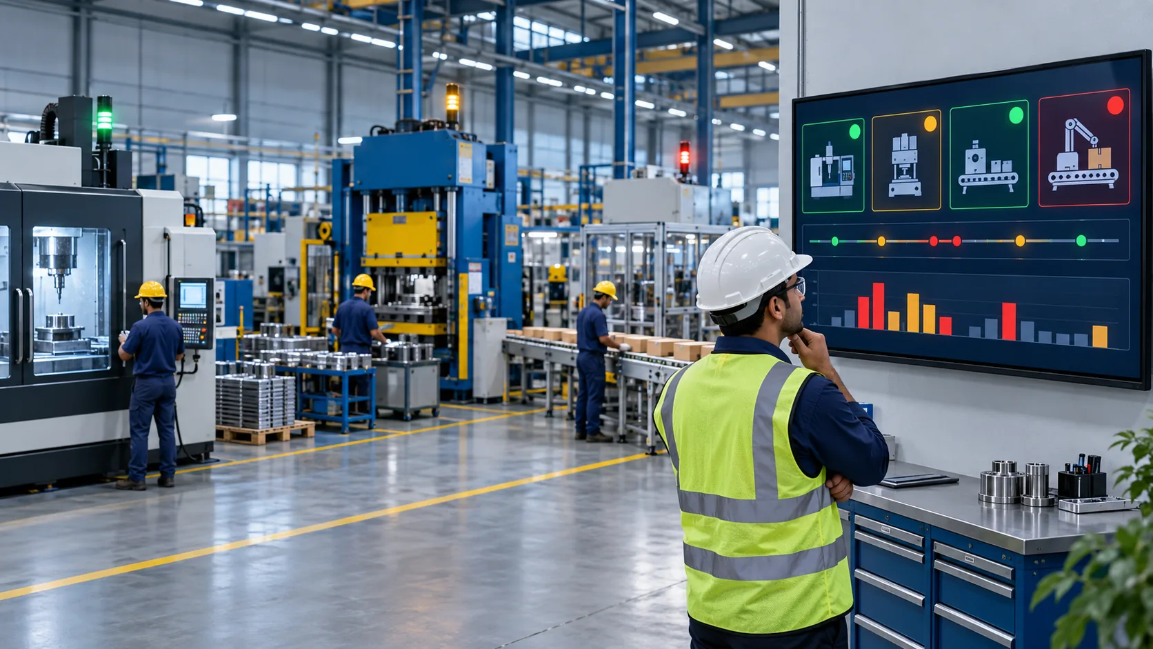 Production supervisor reviews live machine status and downtime data across a manufacturing factory floor.