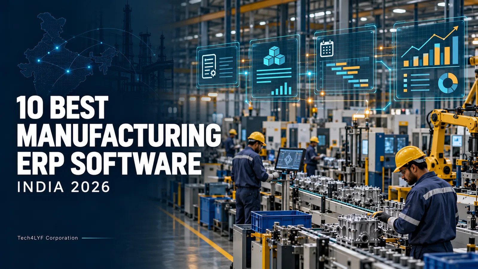 10 best manufacturing ERP software options in India for 2026, featuring a connected factory production line — Tech4LYF Corporation