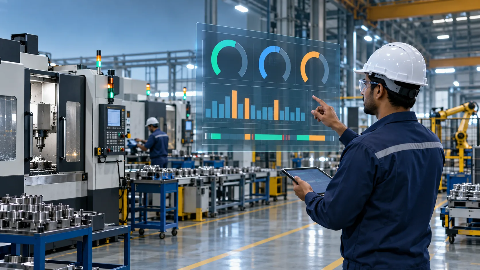 Production engineer reviews an OEE monitoring dashboard beside CNC machines in an Indian factory.