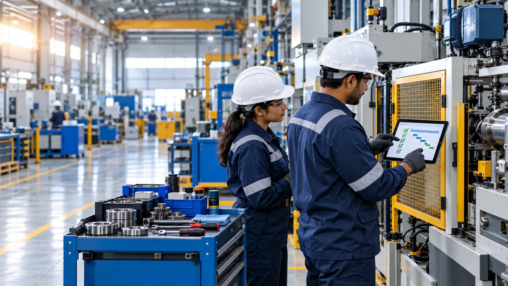 Factory maintenance technicians review a scheduled service checklist beside production equipment and prepared spare parts.