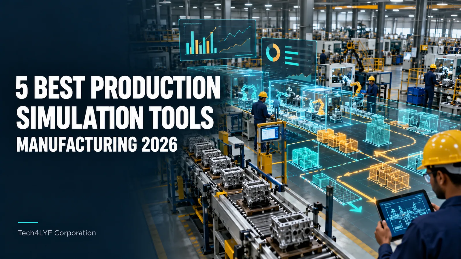 Production line with a digital simulation model illustrating five manufacturing simulation tools in 2026 — Tech4LYF Corporation