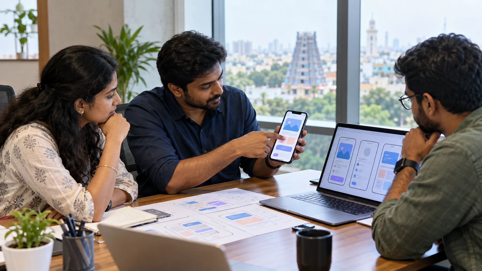 Three professionals reviewing a mobile app prototype and interface designs in an office