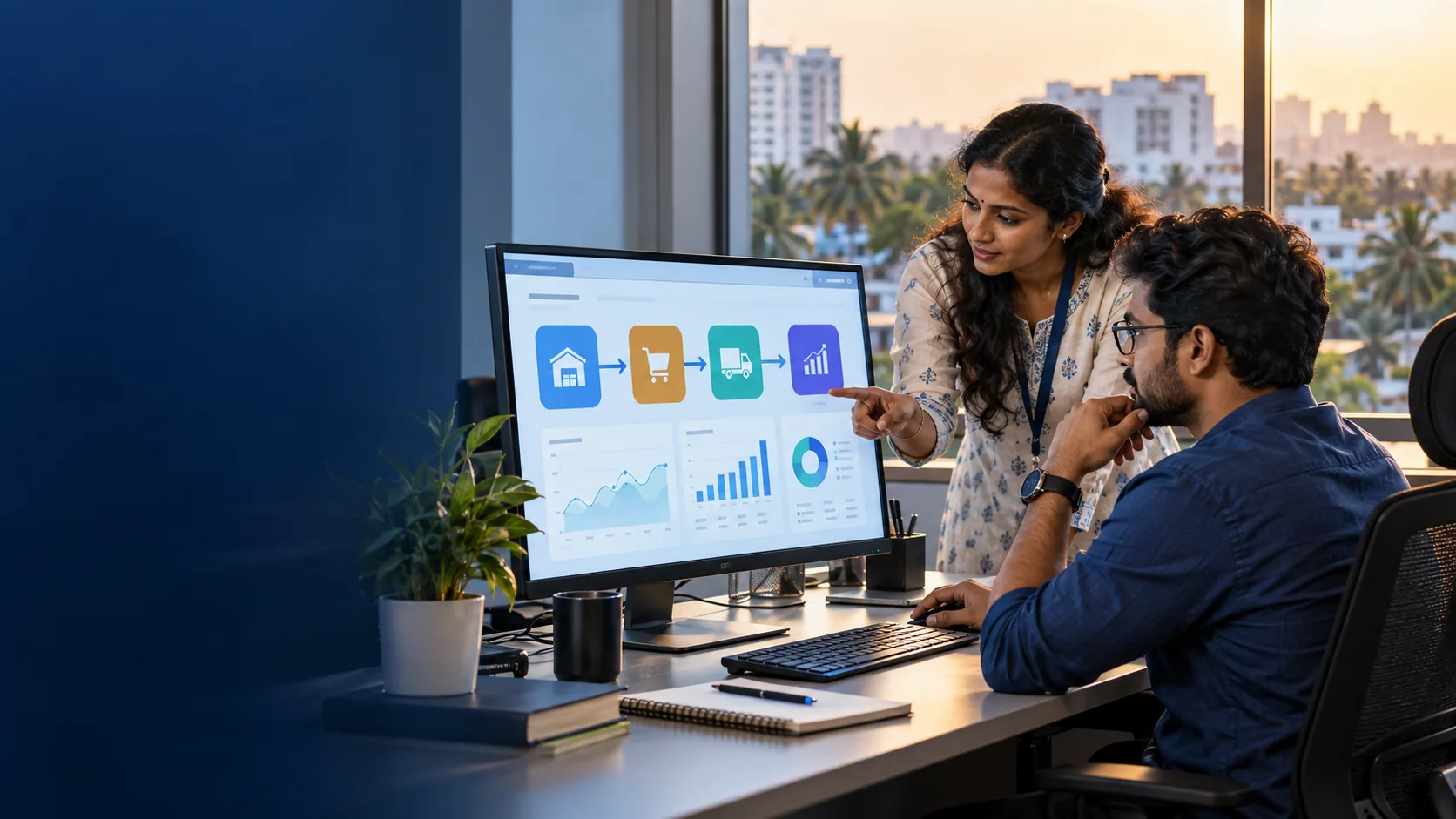 Two Chennai software professionals reviewing a connected inventory, orders, and analytics workflow on a desktop monitor.