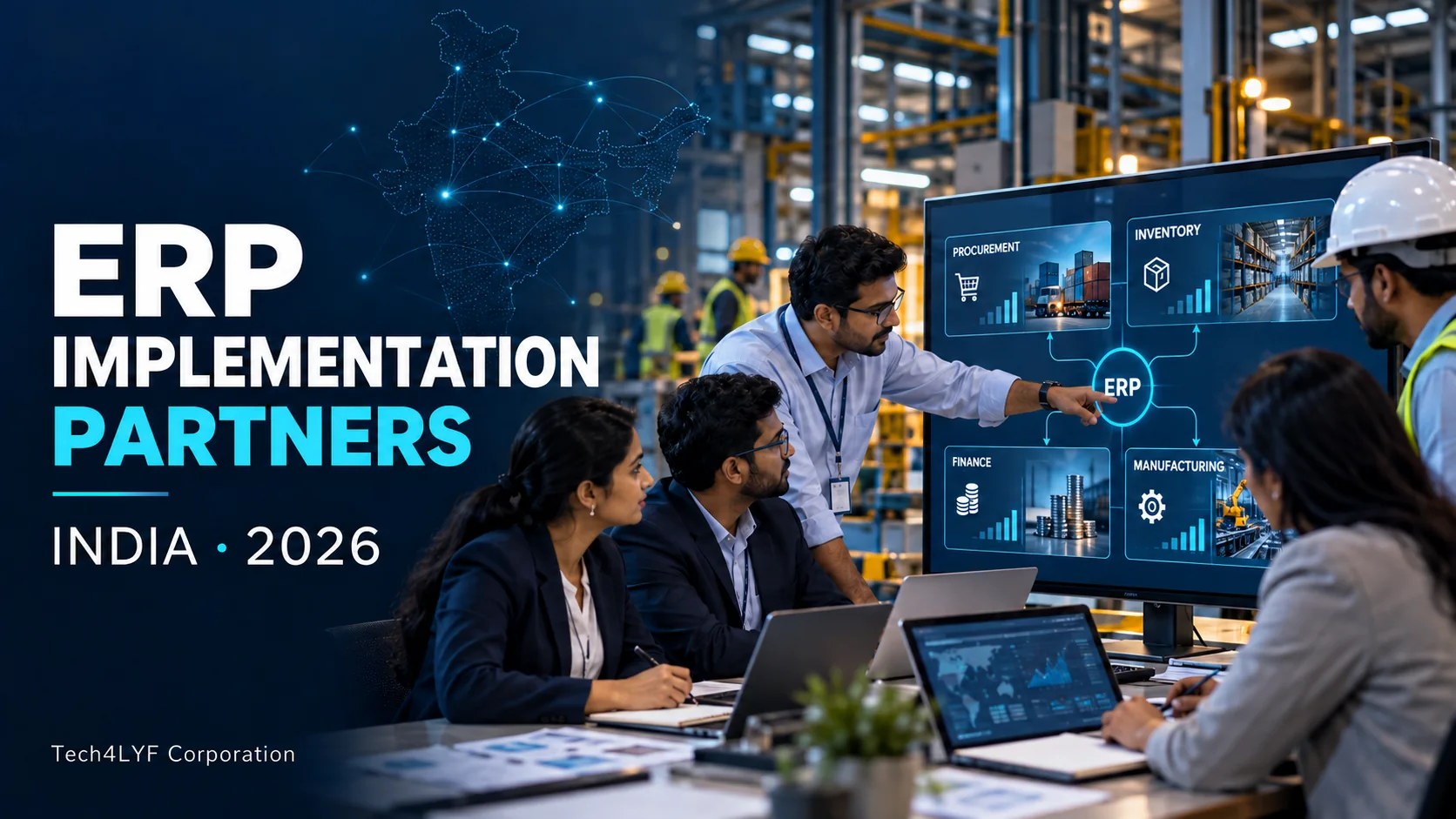 ERP implementation partners in India 2026 guide by Tech4LYF Corporation, showing a team reviewing connected procurement, inventory, finance and manufacturing data.