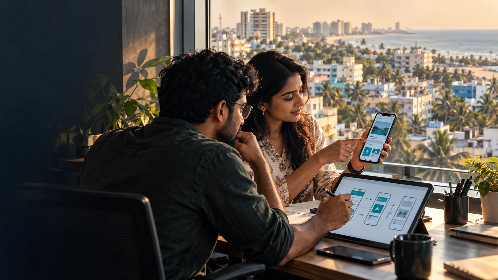 Two mobile app designers reviewing a smartphone prototype in a Chennai office overlooking the coast.