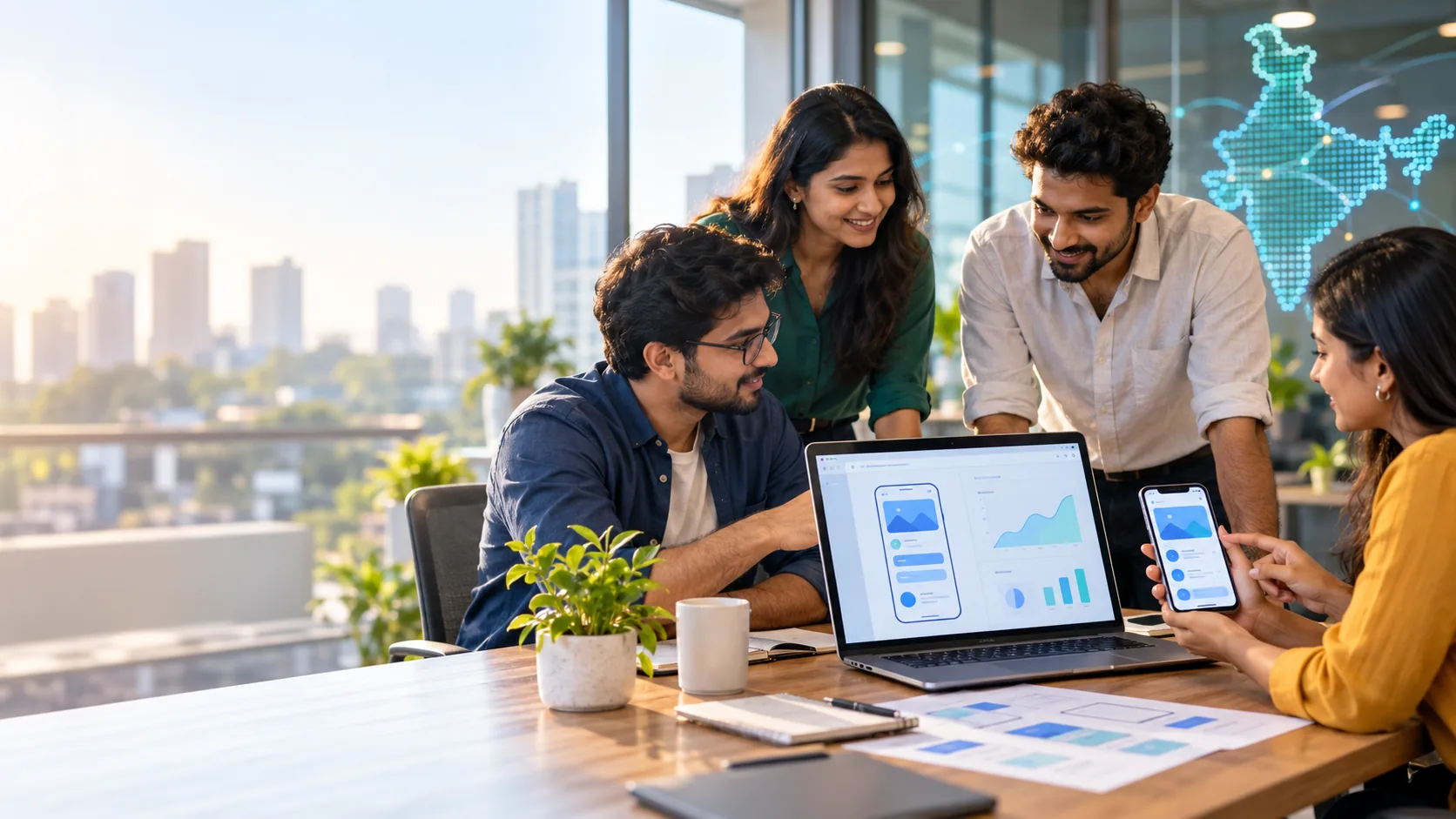Indian mobile app development team reviewing a smartphone app and dashboard, with a digital map of India in the background
