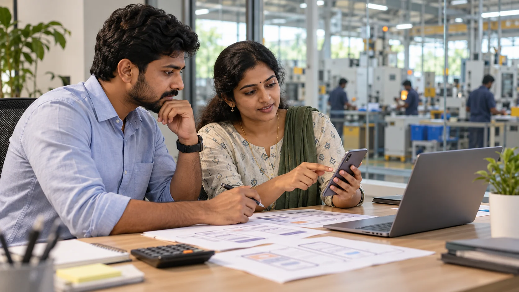 Two professionals reviewing a mobile app prototype and wireframes beside a factory floor