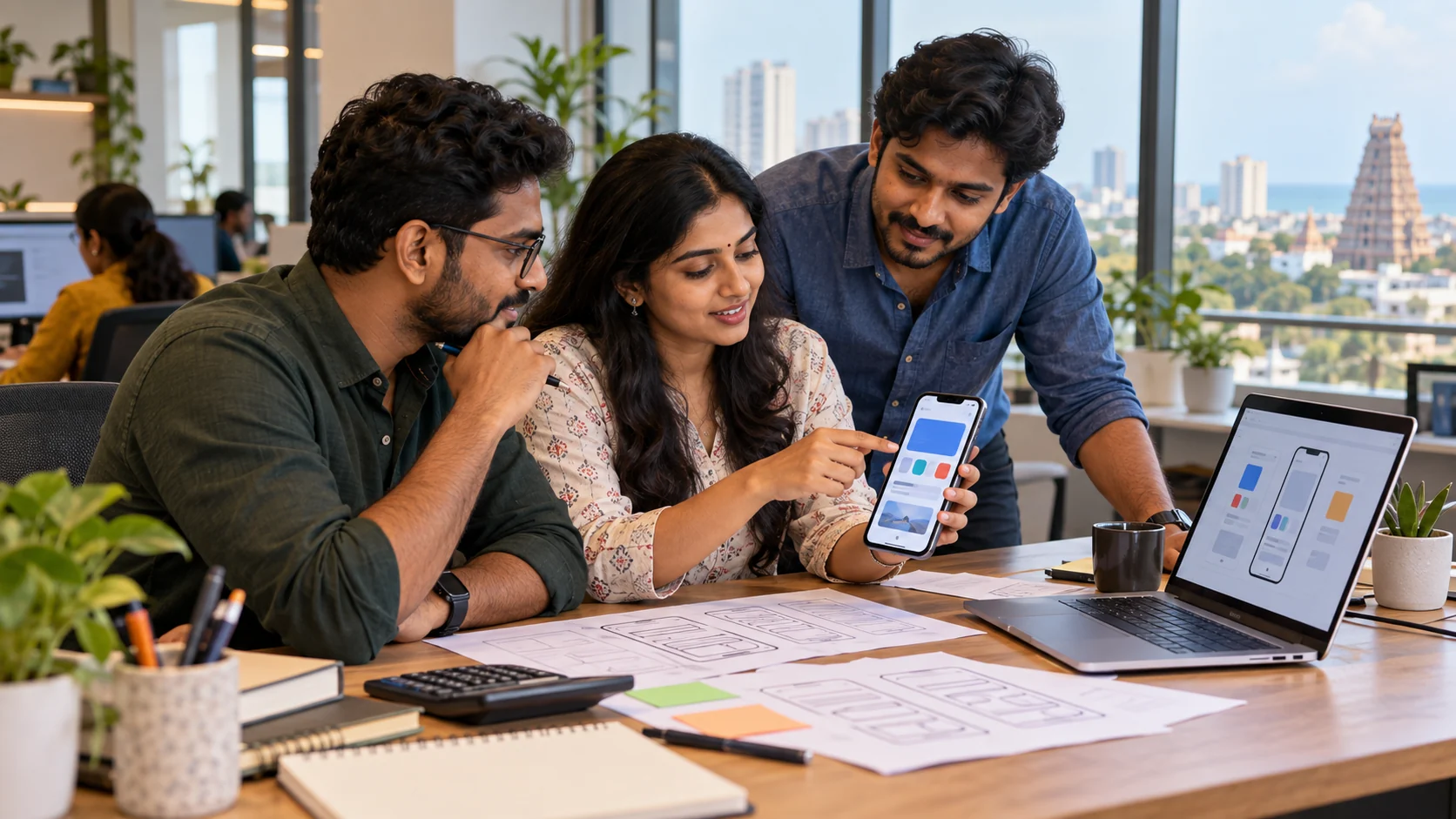 Three app developers reviewing a mobile prototype and project plans in an office